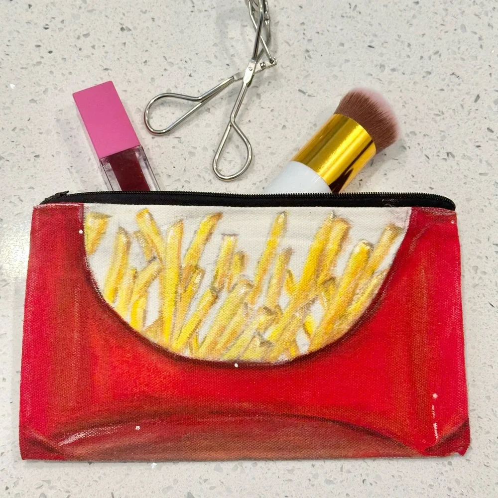 French Fry Pencil Case Beauty/Stationary Bag Handmade Acrylic Paints 7 1/2”L x 5